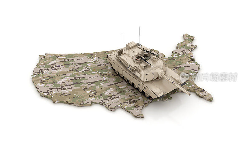 美国地图与装甲坦克- 3D渲染